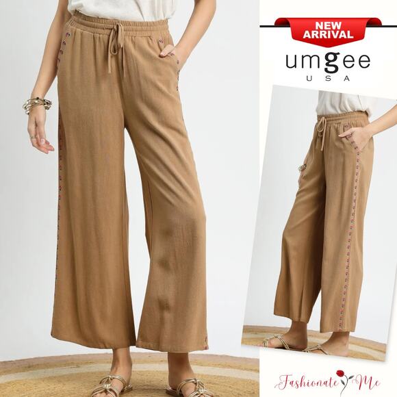 Umgee Elastic Waistband Drawstring Side Pockets Cropped Wide Leg Pants | Camel - Picture 1 of 5